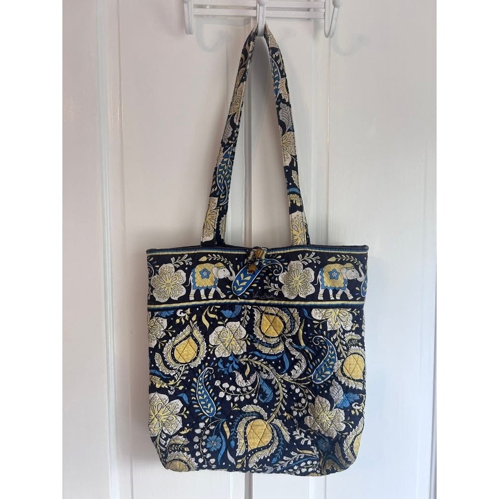Vera Bradley Quilted Cotton Tote Bag Elephants Navy Blue Yellow Paisley Floral